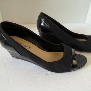 Ellen Tracy Open‎ Toe Wedge Leather Heel Womens Shoes Slip on Size 6